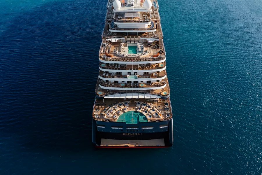 A luxury cruise ship at sea seen from above