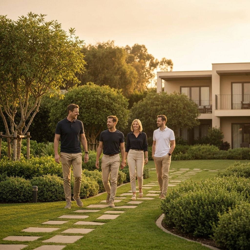 Four colleagues walking a garden path at a resort at golden hour