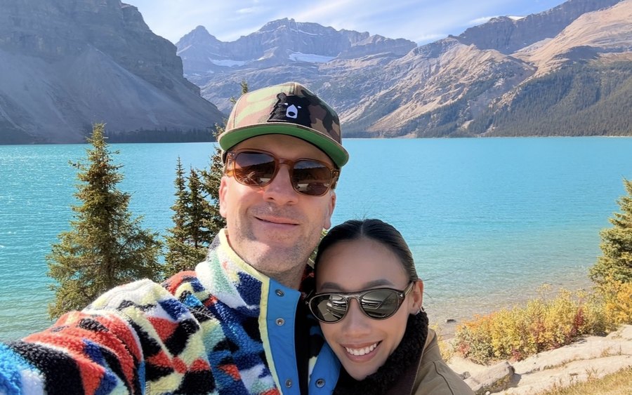 Eva and her partner at Bow Lake in the Rockies