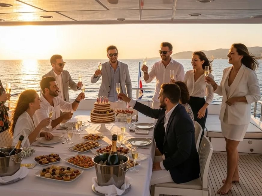 Friends toasting with champagne on a yacht